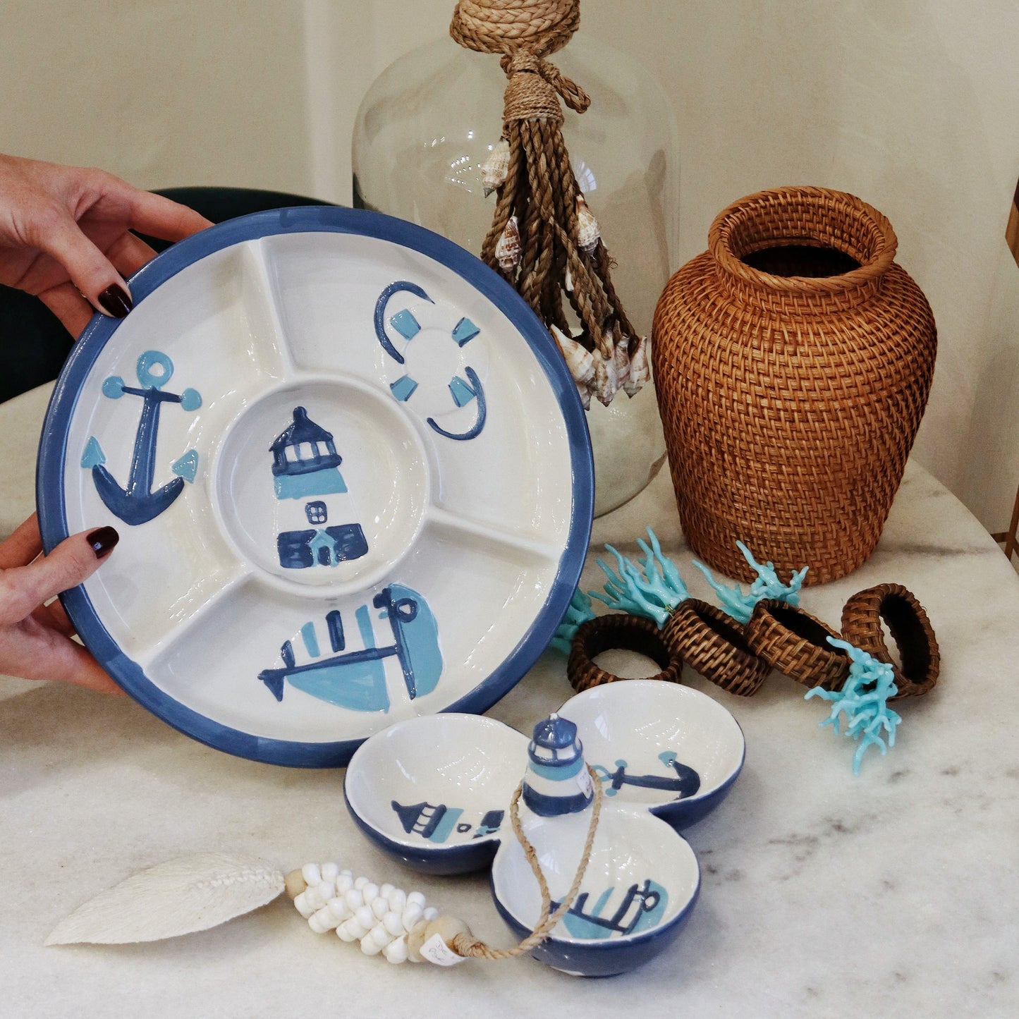 Petisqueira de Cerâmica com Desenhos Marítimos - 3 partes