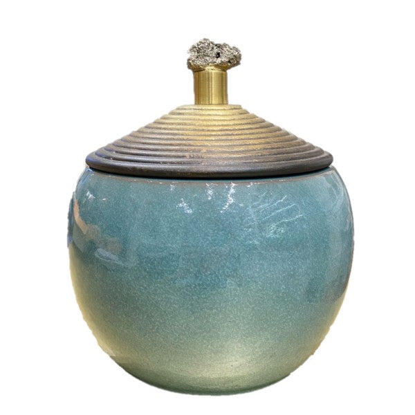 Pote/Potiche Cerâmica Tiffany Verde/Dourado C/ Pirita 25cm