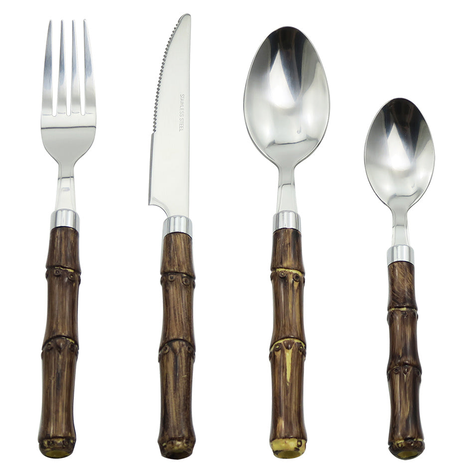 Faqueiro de Metal C/ Cabo Estilo Bambu Marrom 24 pçs