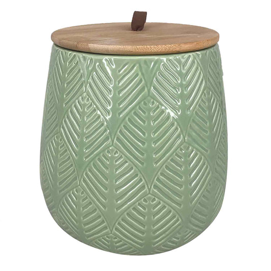 Pote de Cerâmica Verde com Tampa de Madeira 15cm