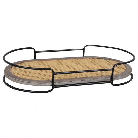 Bandeja em Madeira, Metal Preto e Rattan