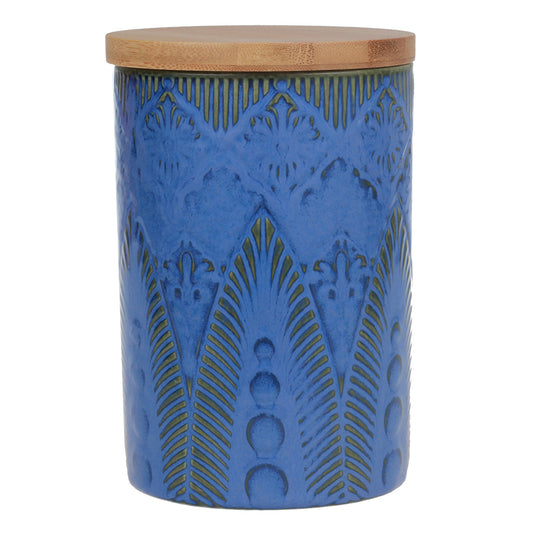 Pote de Cerâmica Azul e Amarelo Tampa de Bambu 17x13cm