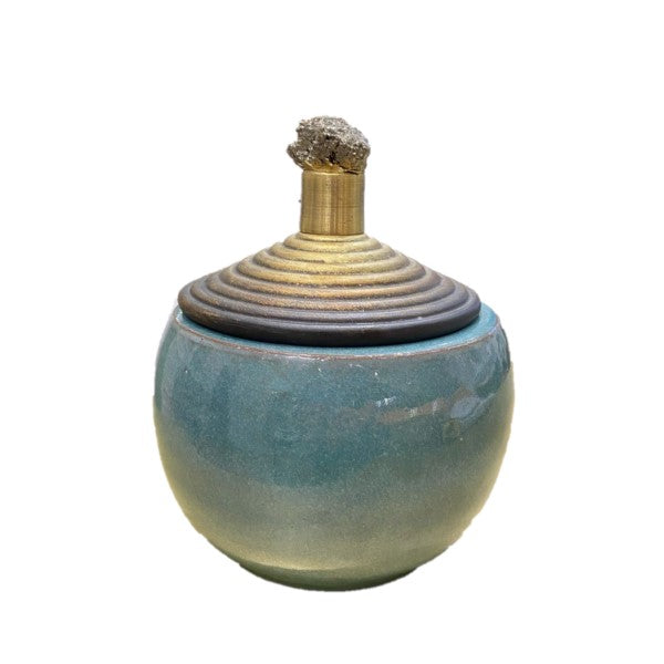 Pote/Potiche Cerâmica Tiffany Verde/Dourado C/ Pirita 19cm