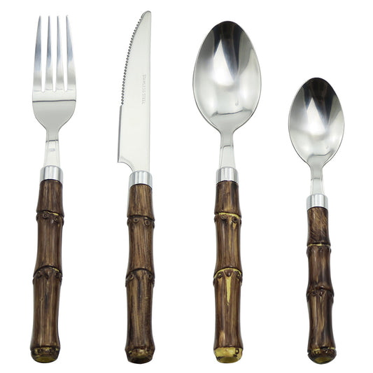Faqueiro de Metal C/ Cabo Estilo Bambu Marrom 24 pçs