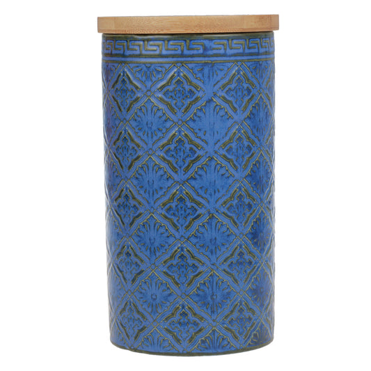 Pote de Cerâmica Azul e Amarelo Tampa de Bambu 21x13cm