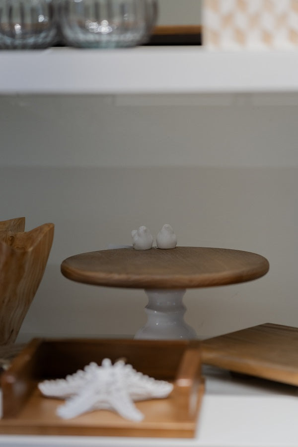 Boleira de Madeira C/ Pé em Cerâmica Pássaros Branca