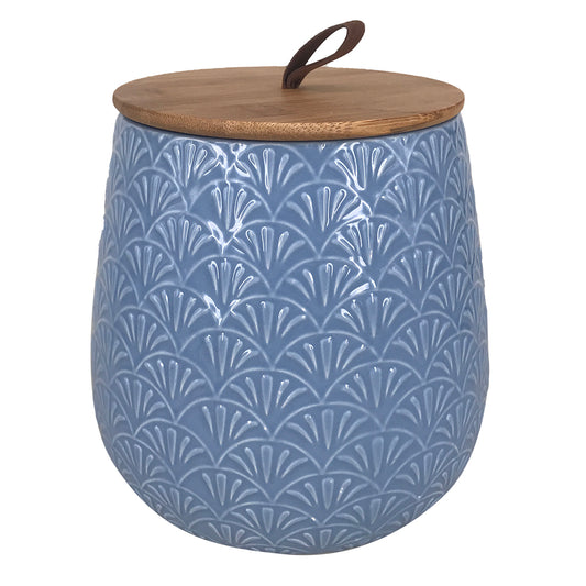 Pote de Cerâmica Azul c/ Tampa de Bambu e Corda Bege 15cm
