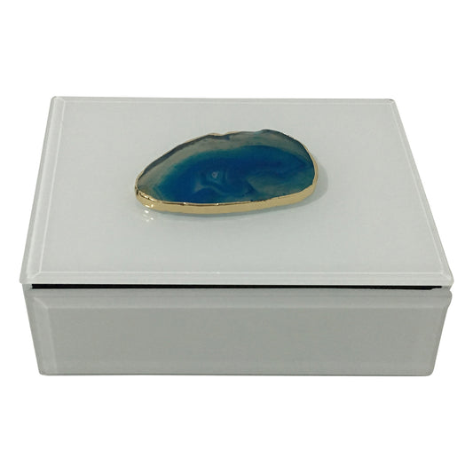 Caixa Decorativa Branca com Pedra Ágata Azul 16cm